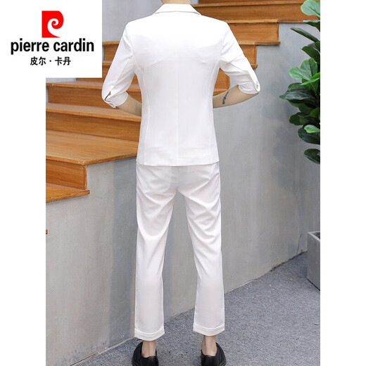 皮尔卡丹（pierre cardin）男士西服套装韩版修身一套夏季薄款潮流帅气休闲七分袖夏季小西装 夏款832白色 2XL