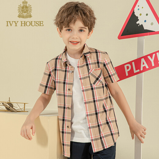 IVY HOUSE Ivy Children's Boys' Plaid Shirt Summer New Classic British College Style Casual Loose and Comfortable Shirt Khaki 130cm (130/60)