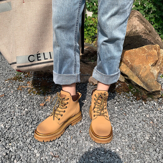 Planaling Martin Boots Chaussures pour femmes en cuir grosses bottes jaunes épaisses Sole Toe rond Talon épais Top haut à lacets Casual Versatile Fashion Classic Style Geuthe Super Cuir gros Bottes jaunes 6 trous 36