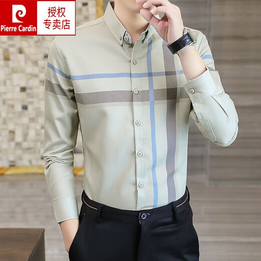 皮尔卡丹品牌高档男装 春秋季长袖衬衫男2022新款韩版商务修身休闲格子男士衬衣针织 9901卡其色 165