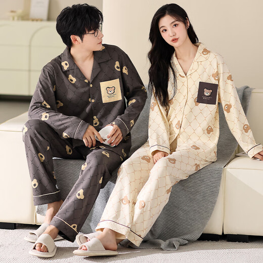 clolv kiss pajamas couple outfit one man and one woman spring and autumn pure cotton cardigan long sleeve cartoon ladies suit can be worn outside home clothes TSM967 M women