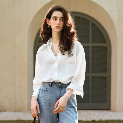 Olrain French white shirt women's versatile design double-layer lace commuting shirt white XL