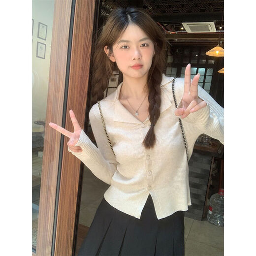 ZHIDOUDOU法式翻领长袖针织开衫女秋冬2025新款小众设计感修身打底短款上衣 9926黑色 5XL s 建议80-95斤穿