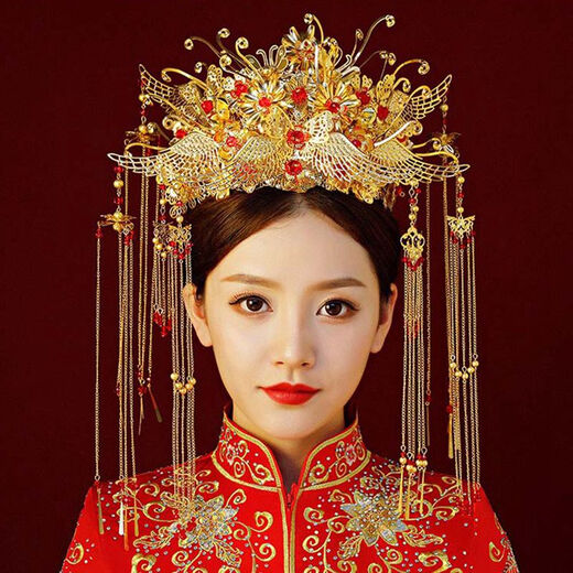 Lai Qi Bridal Ancient Costume Headdress Chinese Wedding Queen Hair Accessories Dragon and Phoenix Gown Xiuhe Suit Tang Suit Hanfu Accessories Large Phoenix Crown Round Phoenix Crown Headdress + Earrings (Clip)