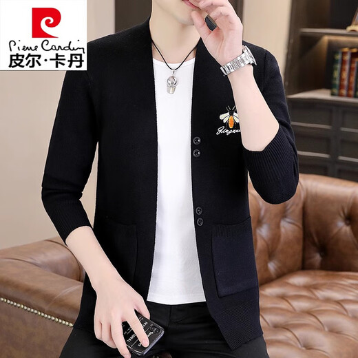 皮尔卡丹（pierre cardin）羊毛针织衫男士外套春秋季高档潮牌刺绣修身薄款毛衣男外搭上衣 6818卡其色【针织开衫】 XL