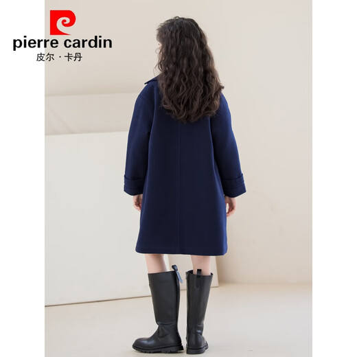 Pierre Cardin Wollmantel für Mädchen, britischer College-Stil, 2025, Winter, verdickt, mittellang, großer Wollmantel für Kinder, warm, Marineblau, 150 cm