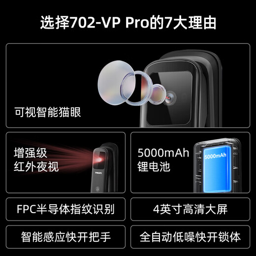 飞利浦（PHILIPS）小蓝盾全自动智能门锁可视猫眼大屏指纹锁 入户门电子密码锁 小蓝盾702VPpro【猫眼大屏款】