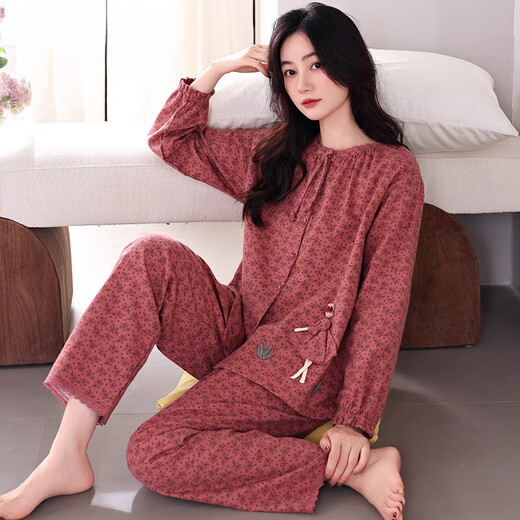 莫代尔睡衣女士春秋季秋款纯棉长袖妈妈秋天全棉中年大码开衫家居服套装 C1517鲸灰 3XL码(建议160-180斤)