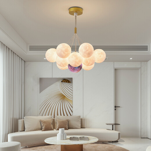 Grand View Garden (DGY) Einfaches Wohnzimmer Kronleuchter kreatives Schlafzimmer Leichte Mondblase Hanging Linie Leichter Cartoon Planet Kronleuchter Zhongshan Lampe 001o 9734 Golden 13-Kopf-Drei-Farbkugel 12 cm