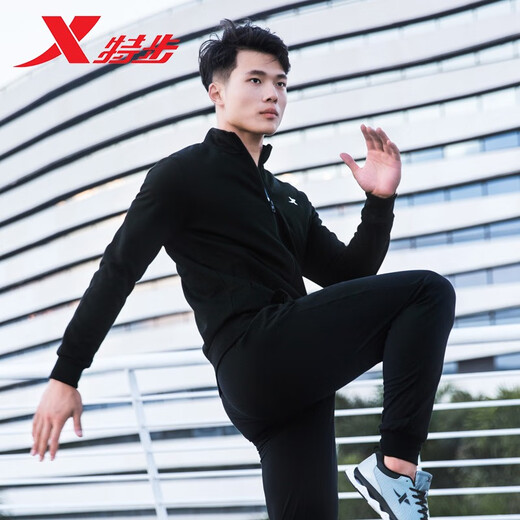 特步运动外套男2025年夏季新款防风夹克男士保暖休闲长袖加绒卫衣男 黑色-9277 S