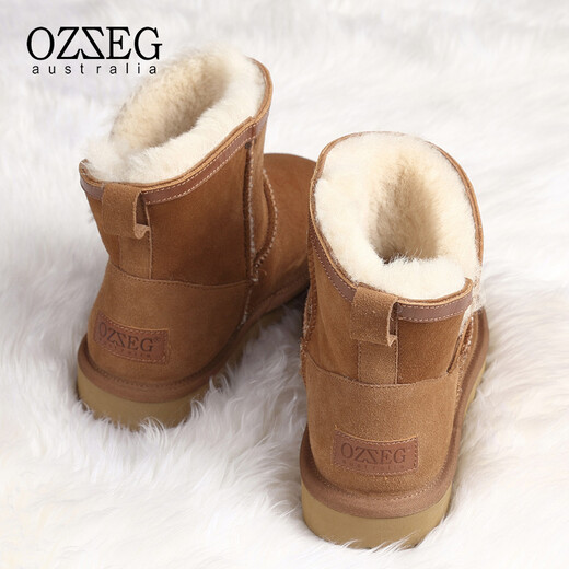 OZZEG澳洲雪地靴女冬季羊皮毛一体短筒加绒加厚保暖棉鞋厚底防滑短靴子 栗色 40