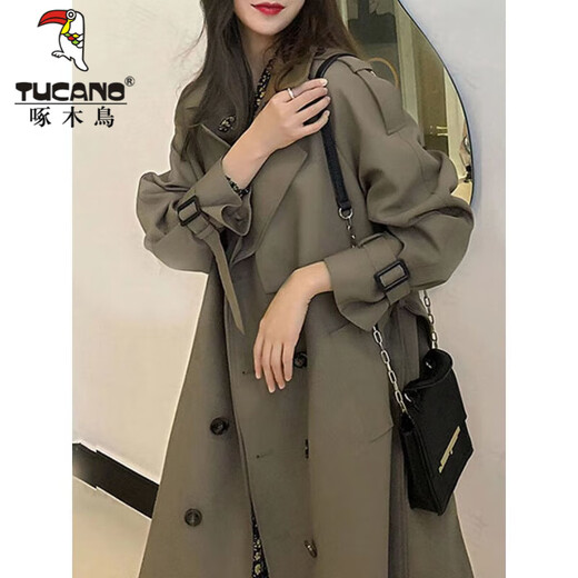 Woodpecker (TUCANO) this year's popular windbreaker 2024 new autumn wear mid-length coat for women over the knee temperament goddess Fan Yinglun style green coffee color 3XL recommended 150-165 Jin Jin equals 0.5 kg to wear