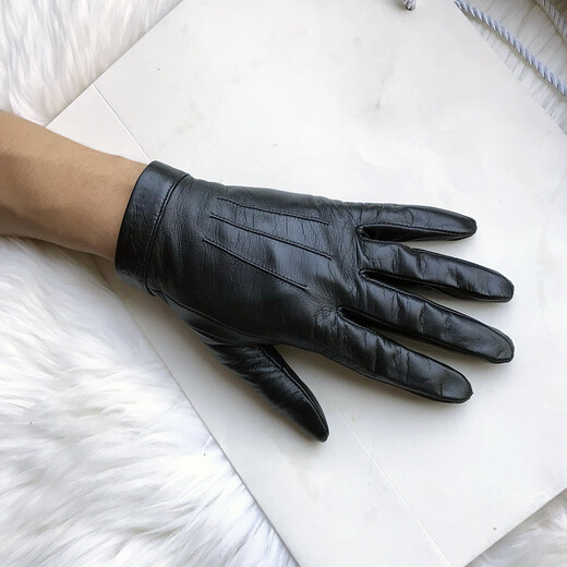 Gold Longyue men's lambskin genuine leather gloves touch screen thin unlined single layer soft sheepskin driving outdoor gloves with split fingers for spring, autumn and winter plus velvet for warmth black plus small size for repairing hands black S plus velvet