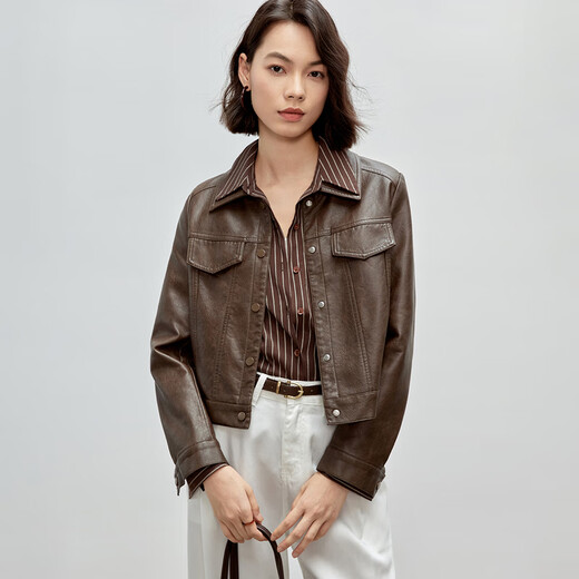 Chandubila Autumn Comfortable Casual Lapel Decorative Flap Bag Loose Short PU Leather Jacket