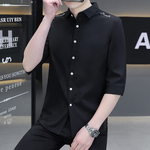 YIBAOLANG stretch ice silk men's three-quarter sleeve shirt, mid-sleeve shirt, embroidered anti-wrinkle, no ironing, summer thin section, slim fit Korean version 686 black XL (120-135Jin Jin equals 0.5kg)