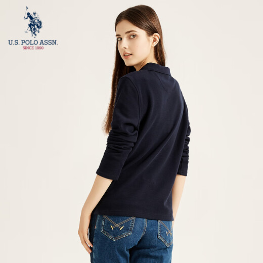 U.S.POLOASSN.polo shirt women's long-sleeved spring and autumn pure cotton long-sleeved T-shirt lapel T-shirt navy blue L