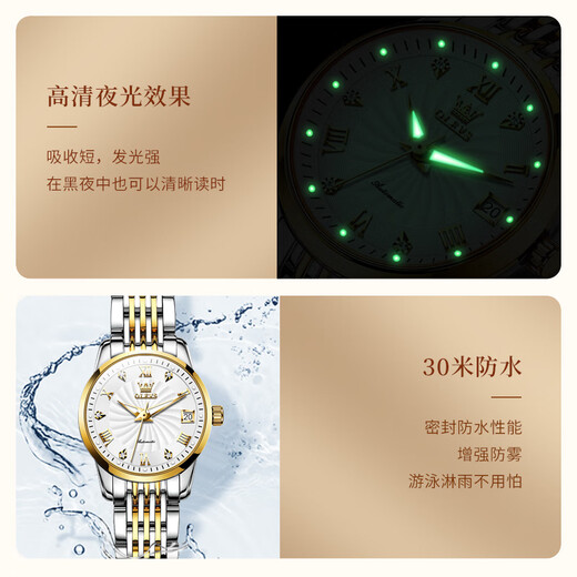 欧利时（OLEVS）瑞士认证品牌手表女简约气质女士手表夜光防水女表全自动机械表 OLEVS-6630女-钢带间白