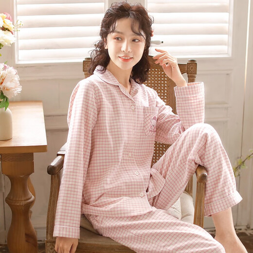 Miandao couple pajamas women's spring and autumn long-sleeved trousers brushed pajamas Japanese style simple plaid embroidered home clothes purple plaid L