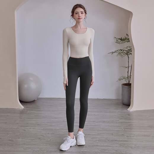 LULU CENTURY Yoga top with chest pad for women's beauty back fitness Pilates training quick-drying breathable long-sleeved new suit milk white long-sleeved M