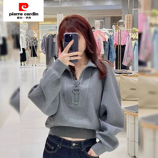 Pierre Cardin gray sweatshirt for women spring and autumn 2024 loose niche short half-zip top fashionable age-reducing jacket gray XL 125-140Jin Jin is equal to 0.5 kg
