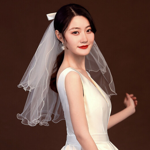 缔晶新娘头纱求婚领证蝴蝶结双层头纱结婚拍照旅拍仪式感白色婚纱