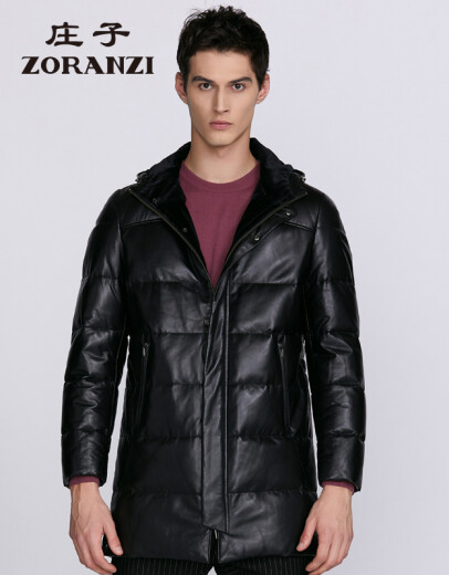 ZORANZI 庄子男装秋冬中长款绵羊皮皮衣连帽休闲皮羽绒服外套LMR16799 黑色 M 175/96A
