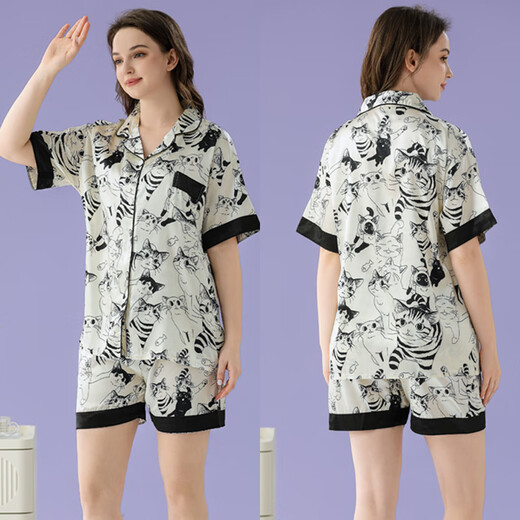 冰丝睡衣女夏季新款可爱猫咪夏天短袖短裤丝滑凉感家居服套装 套WLW9226 L【建议100-115斤】