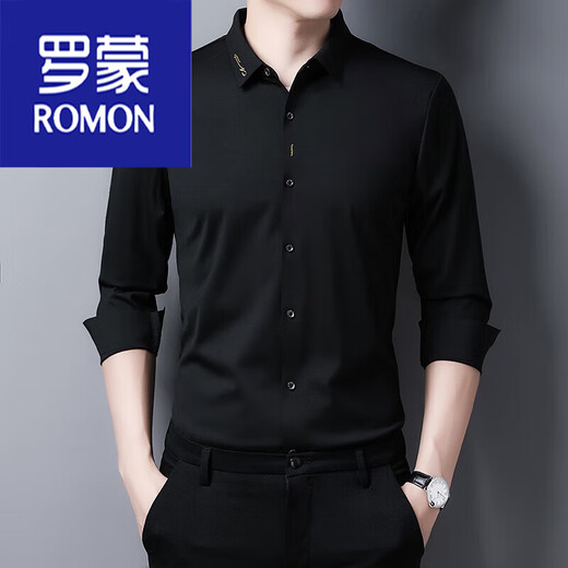 Vêtements pour hommes Romon Imitation Mulberry Silk Shirt Men à manches longues à manches longues Broidered sans marque Automne Men d'âge moyen Black 6221 185 / 96A