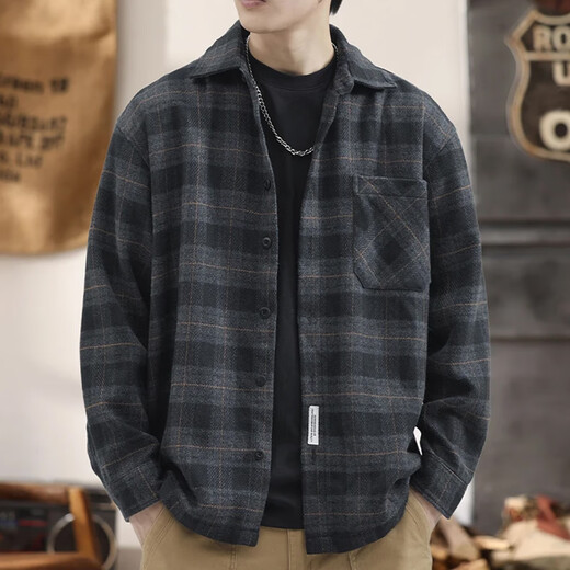 Brushed long-sleeved shirt plaid American heavyweight casual style large size youth tops autumn and winter velvet work jacket men gray Z956 3XL recommended 176-195Jin Jin equals 0.5 kg