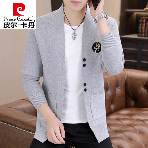 皮尔卡丹（pierre cardin）羊毛针织衫男士外套春秋季高档潮牌刺绣修身薄款毛衣男外搭上衣 6818卡其色【针织开衫】 XL