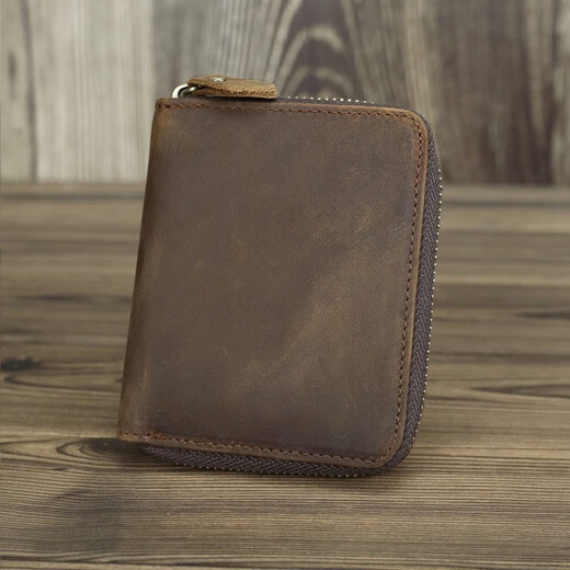 Woodpecker (TUCANO) marque tendance fait à la main en cuir véritable fermeture éclair court portefeuille porte-monnaie Crazy Horse peau de vache hommes rétro première couche cuir de vachette multifonctionnel marron foncé (style horizontal)