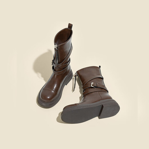 Nine-inch Sunshine Maillard Mid-Tube Martin Boots Women's Short Boots 2025 Spring and Autumn New Women's Shoes Western Retro Round Toe Thick Heel Fashion Boots Mid-Tube Boots Women's Brown 38