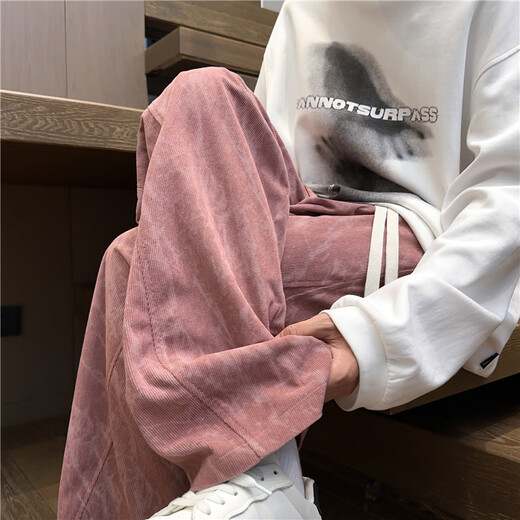 PTAT tie-dye corduroy pants for men, autumn and winter plus velvet straight loose wide-leg trousers American fashion brand printed casual pants pink regular L (recommended 110-130Jin Jin equals 0.5 kg)