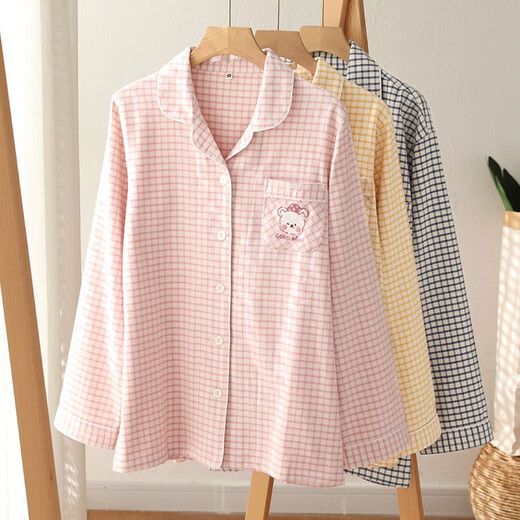 Miandao couple pajamas women's spring and autumn long-sleeved trousers brushed pajamas Japanese style simple plaid embroidered home clothes purple plaid L