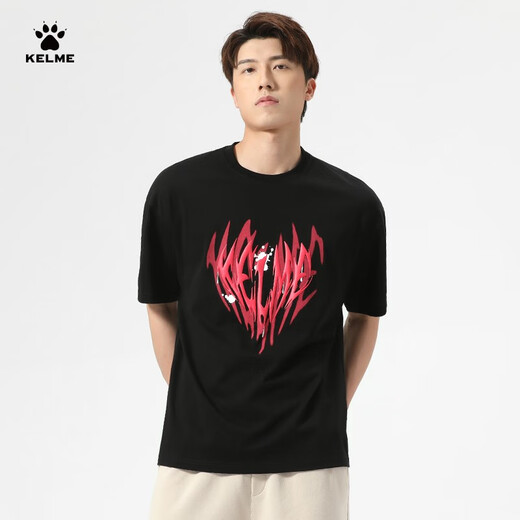 卡尔美（KELME） 圆领T恤男宽松夏季新款纯棉短袖休闲足球潮流文化衫 9224TX1056 黑色 M
