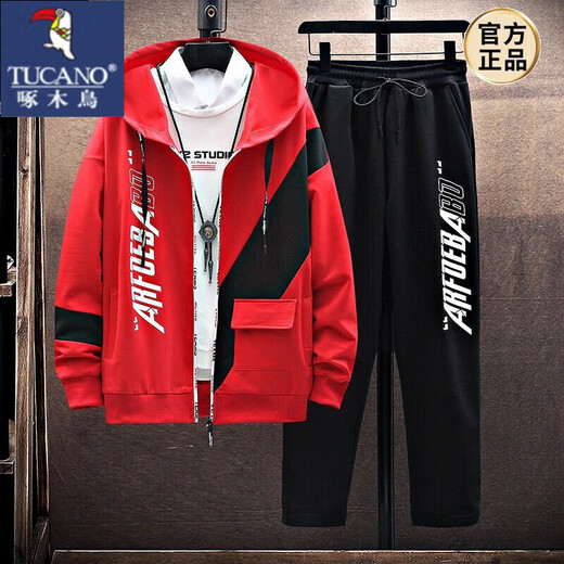 Woodpecker (TUCANO) casual sweatshirt suit for men in spring and autumn trendy Korean style coat cardigan for teenagers with matching clothes men's TZ886 black two-piece suit XL 120-140Jin Jin equals 0.5 kg