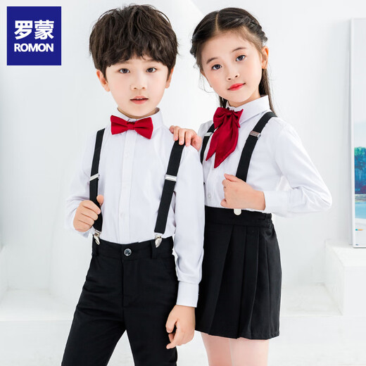 Romon children's suspenders boys graduation performance uniforms graduation chorus performance boy host flower girl dress suit women's four-piece suit black suspenders + short skirt + long-sleeved white shirt + burgundy collar flower 110