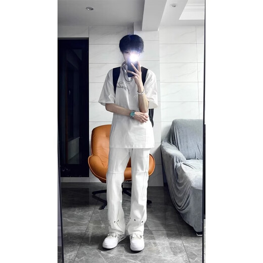 7家优品 微喇牛仔裤男士夏季款美式高街弯刀弹力修身直筒长裤子男 WKXS-K691白色 XL