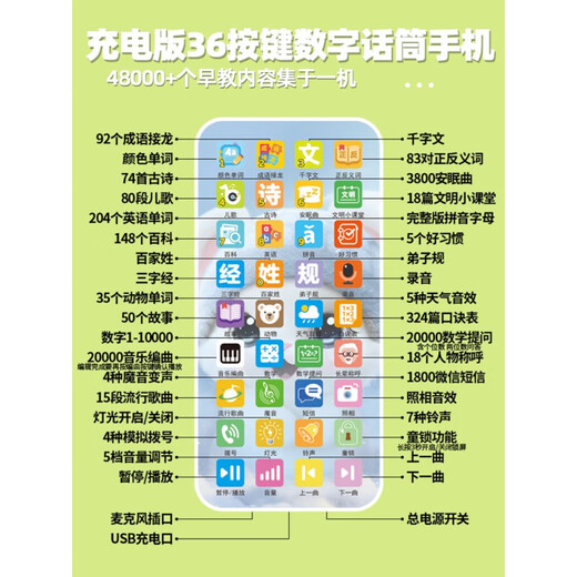 卓狮儿童手机玩具婴儿可啃咬防水宝宝仿真早教触屏电话机女孩男孩 话筒版36功能键-48000内容萌兔+