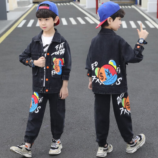 Mengmengdao children's clothing boys' suits autumn 2021 new medium and large children's fashion denim jacket three-piece set handsome student sportswear children's suit black two-piece set 140 size (recommended height 130 cm)