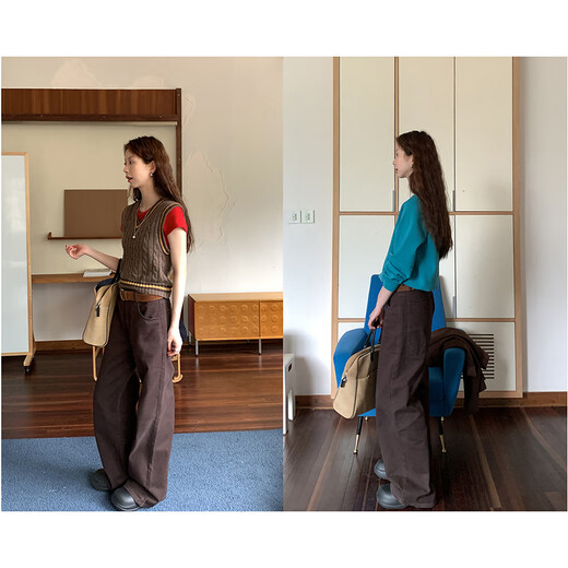 Hellooo Eat Brown Pure Cotton Straight Jeans 2024 Осень Новая средняя талия Тень.