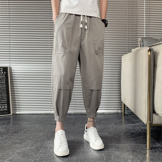 
JIAYE (JIAYE) Cropped Pants for men's summer thin loose trend 8-point pants casual versatile ice silk harem cool pants student L01 black thin style larger S