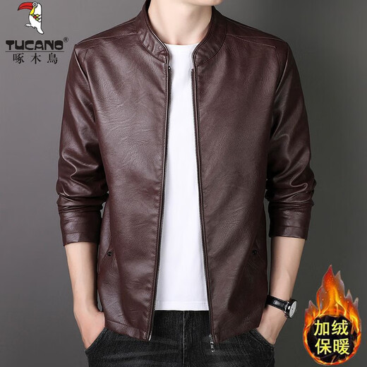 Woodpecker (TUCANO) men's brand high-end official 2025 new Haining genuine leather jacket men's slim-fit stand-up collar goatskin jacket casual pure black strong and soft spring and autumn style XL 180 recommended 125-140 Jin Jin equals 0.5 kg
