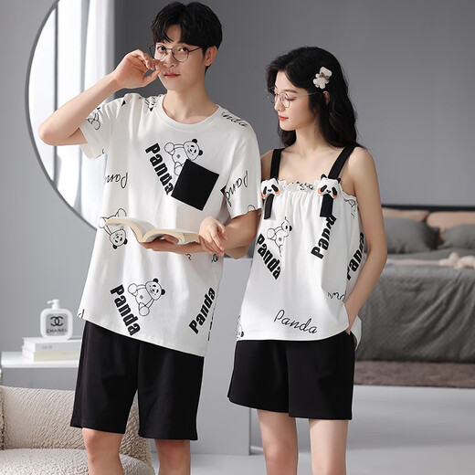 Daizixin 2 ensembles de pyjamas de couple pour les bretelles d'été pour femmes, ensemble en deux pièces de coton pur à manches courtes à manches minces d'été pour hommes DD9904 Femmes M + hommes XL