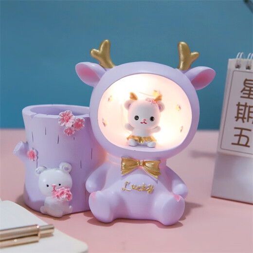 创意笔筒摆件儿童生日礼物送女生闺蜜女孩子朋友实用小夜灯毕业季 粉色-林深见鹿笔筒灯