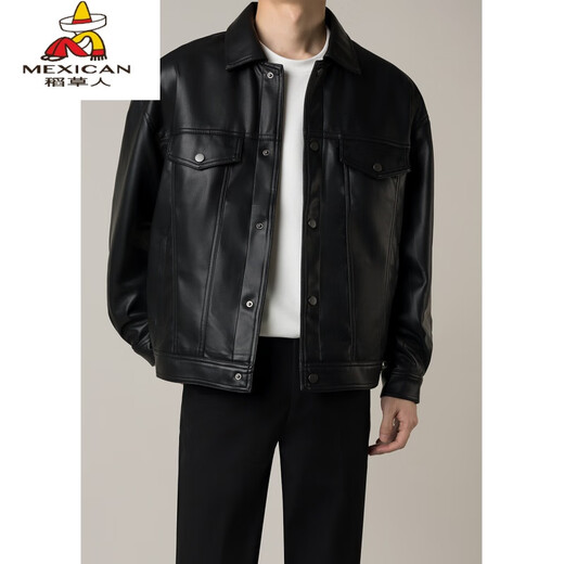 Scarecrow men's handsome and high-end men's motorcycle short leather jacket men's spring and autumn new trendy loose pu leather jacket black M weight recommended 105-125Jin Jin equals 0.5 kg