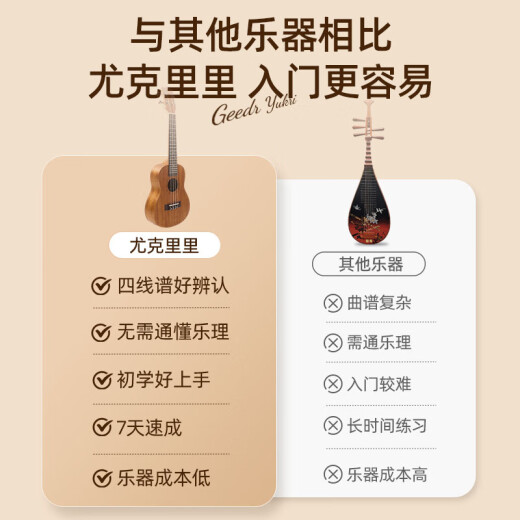 GEEDR吉享尤克里里吉他演奏级合板全单尤克里里23英寸初学者吉他 26英寸桃花芯木原木色【全单】