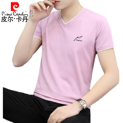 皮尔卡丹（pierre cardin）V领短袖男士夏季薄款打底衫翻领男士品牌半袖潮鸡心领上衣男装 蓝灰色 659款 XL 125-145斤