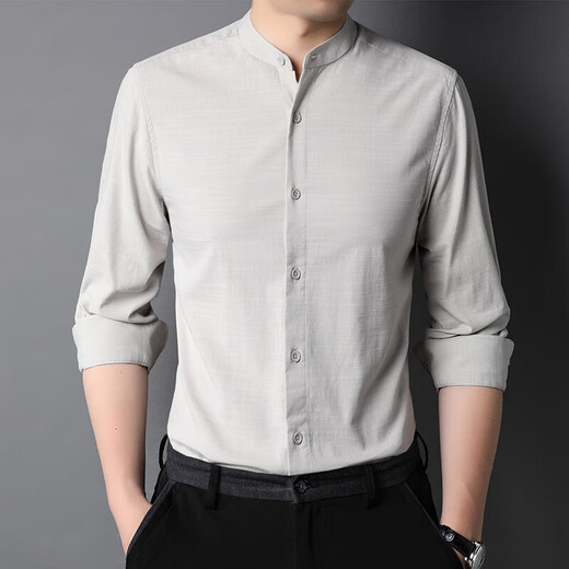 老爷车（LAOYECHE）仿亚麻立领长袖衬衫男春秋季商务休闲纯色上衣打底衫爸爸装衬衣男 AG9930浅灰 M