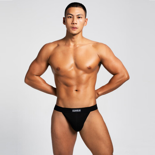 Asianbum men's mid-waist cotton underwear simple breathable solid color sexy high-cut hip-covering triangle T-pants black XL